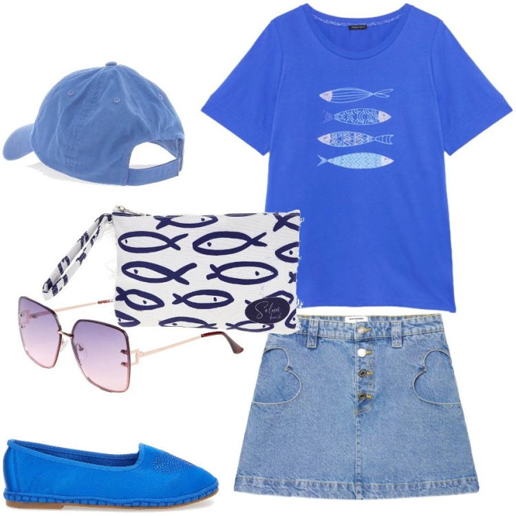 Outfit donna - Agosto azzurro mare. Stile Casual per Tutti i giorni. Abbinamento con occhiali da sole, minigonne, t-shirt, pochette, ballerine, cappelli con visiera.