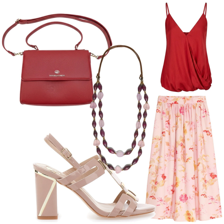 Outfit donna - Rosa e rosso. Stile Romantica per Tutti i giorni. Abbinamento con gonne lunghe, top, collane, sandali col tacco, borse a tracolla.