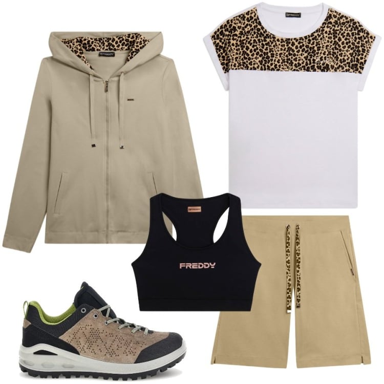 Outfit donna - Tracking sui sentieri di montagna. Stile Sporty chic per Sport. Abbinamento con t-shirt, top sportivi, felpe con cappuccio, bermuda, scarpe sportive.