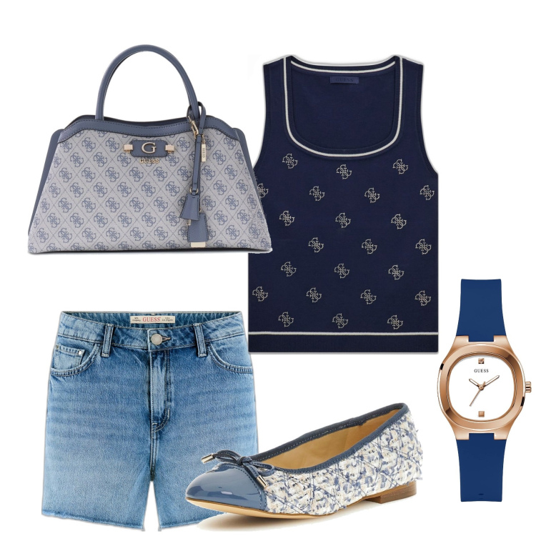 Outfit mujer - Chic #7346. Estilo Chic para Todos los días. Combinación con top, relojes analógicos, bailarinas, bolsos de hombro, pantalones cortos.