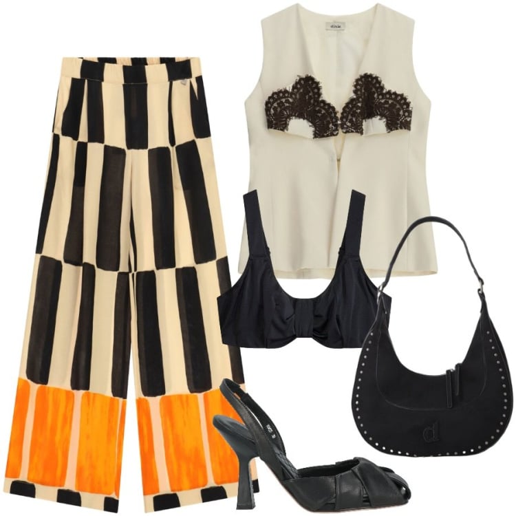 Outfit donna - Total look #2448949. Stile Chic per Serata fuori. Abbinamento con décolleté, reggiseni, top, borse a spalla, pantaloni a palazzo.
