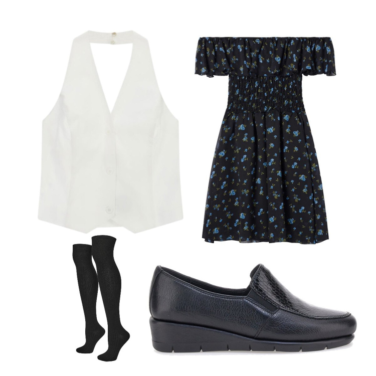 Outfit donna - Ufficio agosto. Stile Preppy per Ufficio. Abbinamento con vestiti corti, calzini, gilet, mocassini.