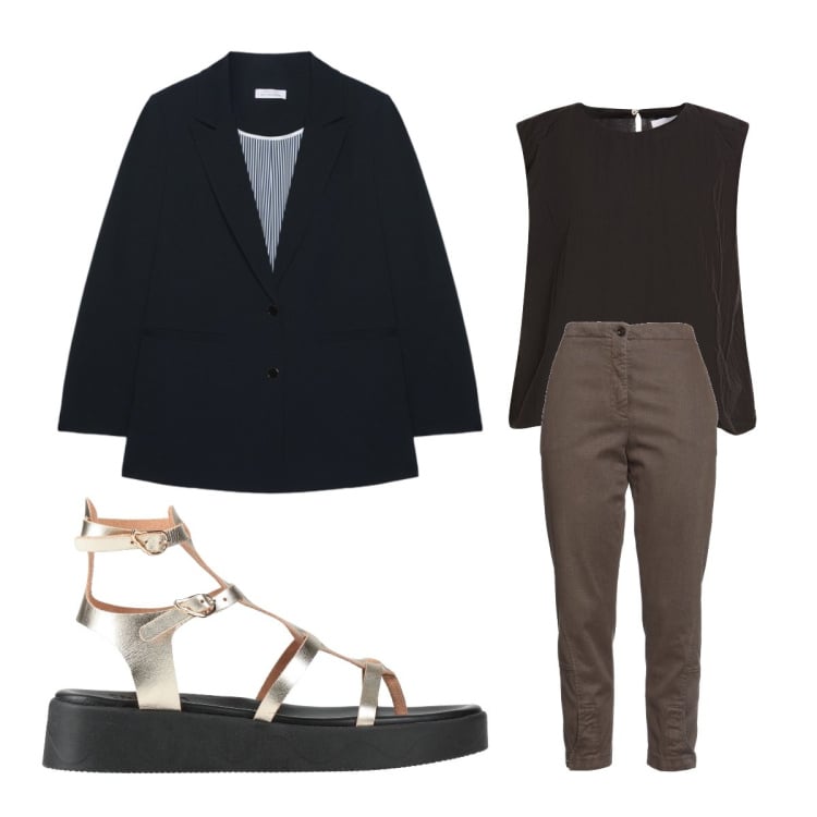 Outfit donna - Ufficio agosto. Stile Mannish per Ufficio. Abbinamento con jeans slim fit, infradito, top, blazer.