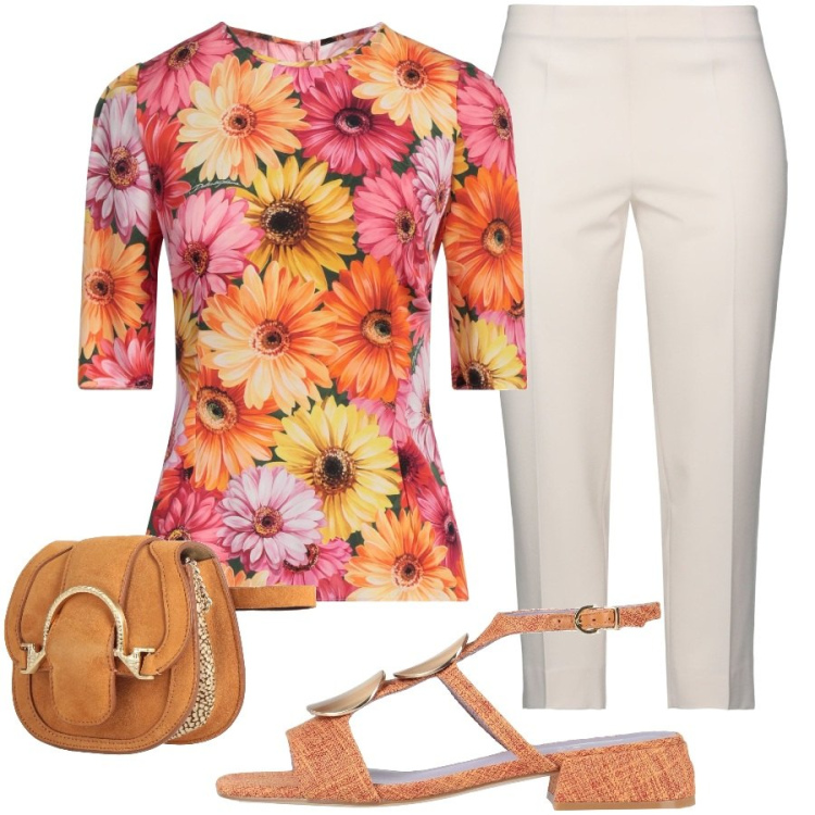 Outfit donna - La t-shirt fiorita. Stile Casual chic per Tutti i giorni. Abbinamento con marsupi, pantaloni, top, sandali in pelle.