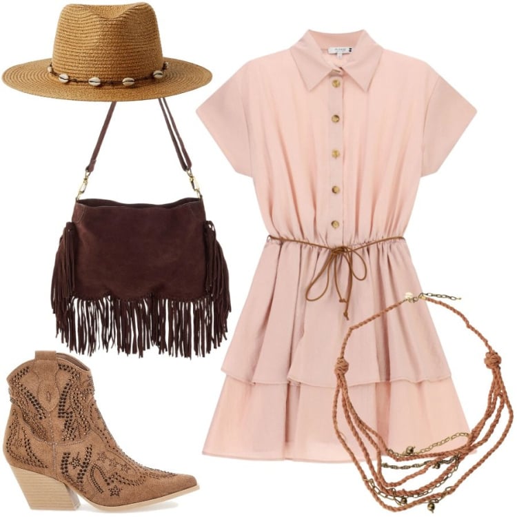 Outfit donna - Country chic. Stile Boho per Tutti i giorni. Abbinamento con borse a tracolla, cappelli, vestiti corti, collane, stivaletti texani.