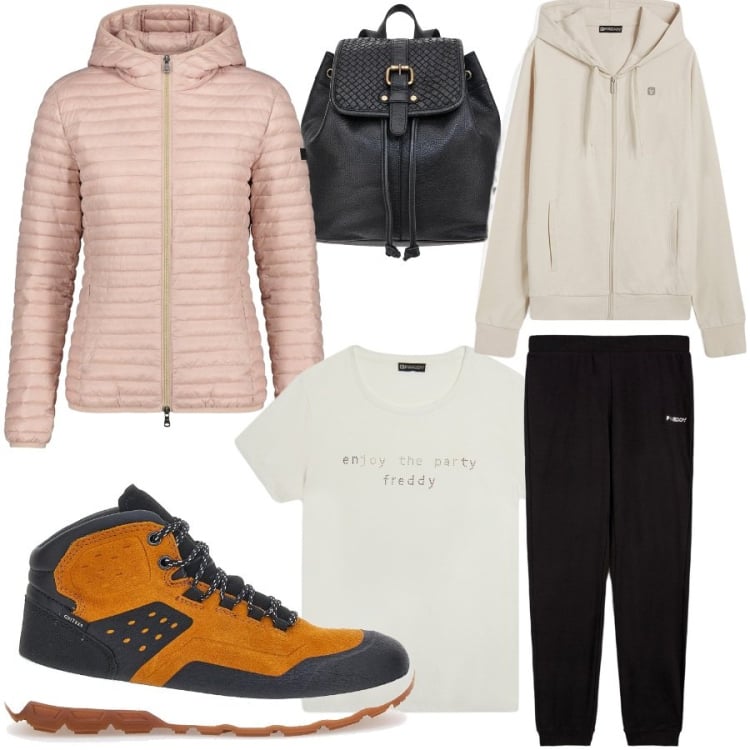 Outfit donna - Escursione in quota. Stile Sporty chic per Sport. Abbinamento con tute, t-shirt, piumini, zaini, scarpe sportive.