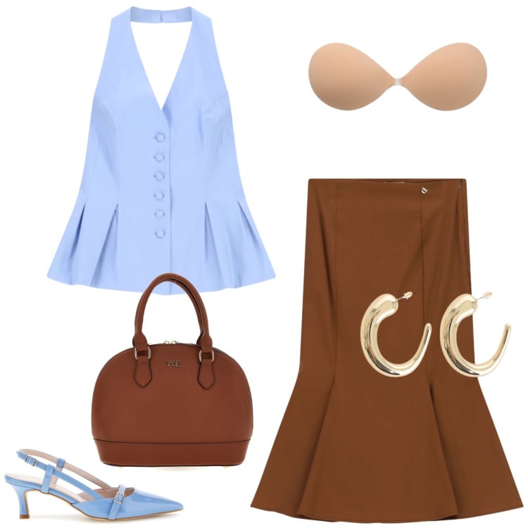 Outfit donna - Pranzo in città. Stile Bon Ton per Tutti i giorni. Abbinamento con top, orecchini, gilet, gonne lunghe, décolleté, borse a mano.