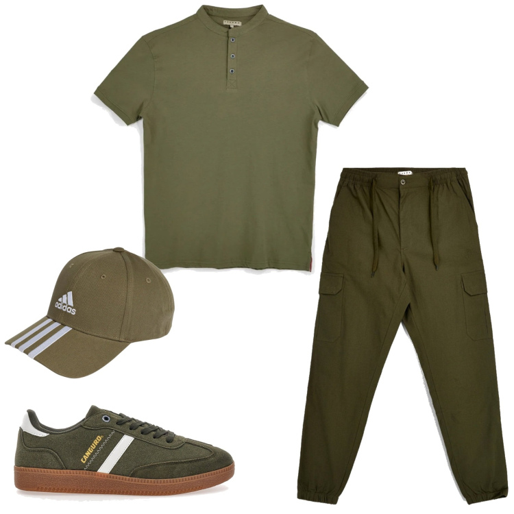 Outfit uomo - Serata con amici. Stile Casual per Tutti i giorni. Abbinamento con cappelli con visiera, sneakers, pantaloni cargo, t-shirt.