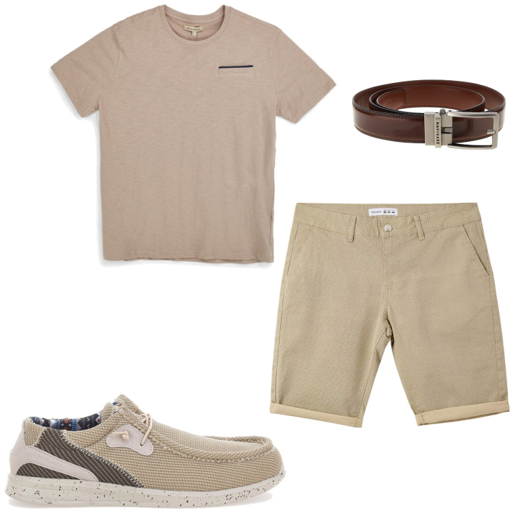 Outfit uomo - Agosto. Stile Casual per Tutti i giorni. Abbinamento con pantaloni corti, scarpe stringate, cinture, t-shirt.