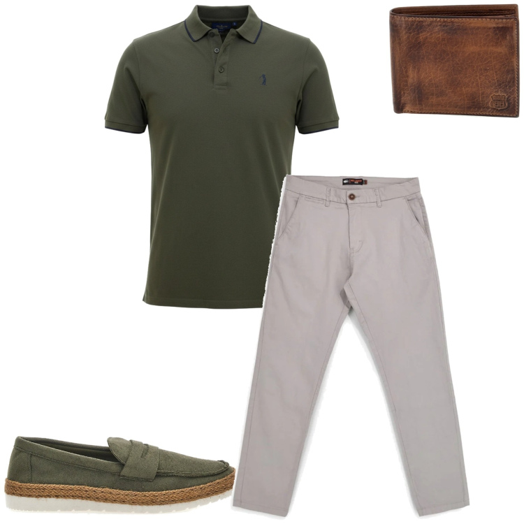 Outfit uomo - In ufficio. Stile Casual per Ufficio. Abbinamento con scarpe stringate, pantaloni, portafogli, polo.