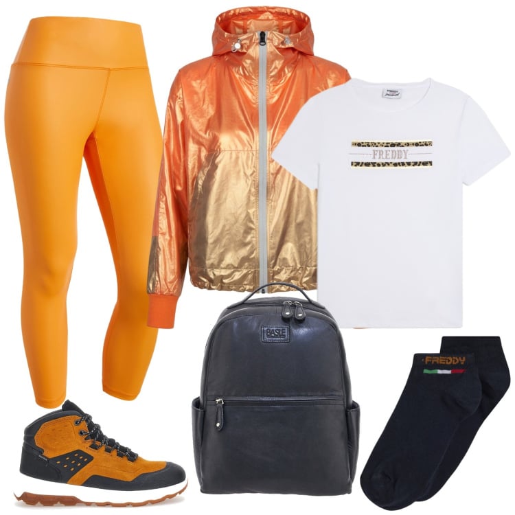 Outfit donna - Colori caldi per un weekend in montagna. Stile Sporty chic per Tutti i giorni. Abbinamento con treggings, t-shirt, calzini, bomber, scarpe sportive, zaini.