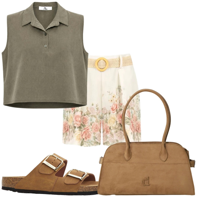 Outfit donna - Total look. Stile Casual chic per Tutti i giorni. Abbinamento con ciabatte, top, borse a spalla, shorts.