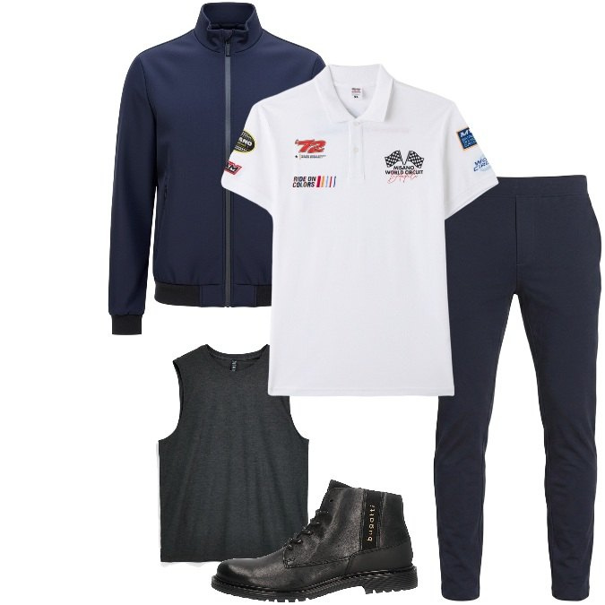 Outfit uomo - Racing style versatile. Stile Urban per Tutti i giorni. Abbinamento con polo, stivali e stivaletti, giacche, canottiere, pantaloni.