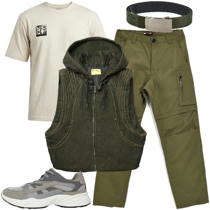 Outfit uomo - Look moderno e funzionale: tempo libero. Stile Urban per Tutti i giorni. Abbinamento con sneakers, gilet, cinture, pantaloni, t-shirt.