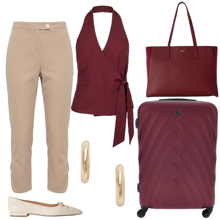 Outfit donna - Casual ma chic in crociera. Stile Casual chic per Tutti i giorni. Abbinamento con pantaloni, shopping bag, top, orecchini, ballerine, valigie.