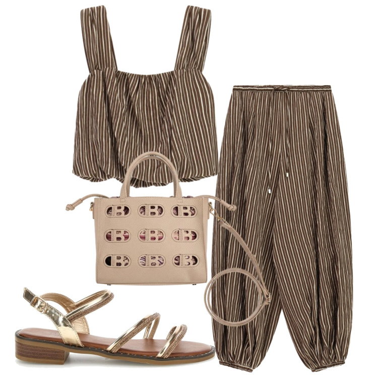 Outfit donna - Total look #2448987. Stile Trendy per Tutti i giorni. Abbinamento con pantaloni a palazzo, top, sandali col tacco, borse a mano.