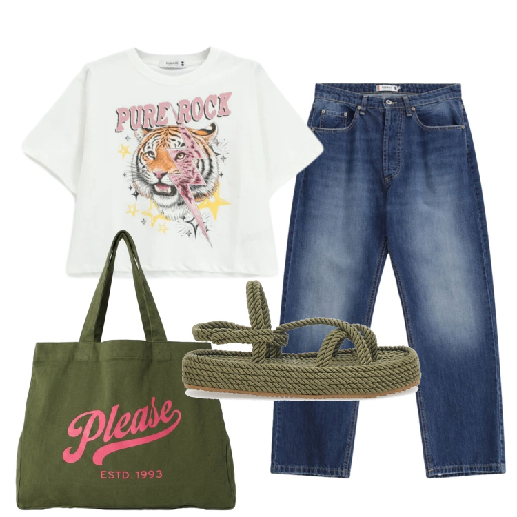 Outfit donna - Total look #2448988. Stile Casual per Scuola/Università. Abbinamento con jeans dritti, t-shirt, shopping bag, sandali.