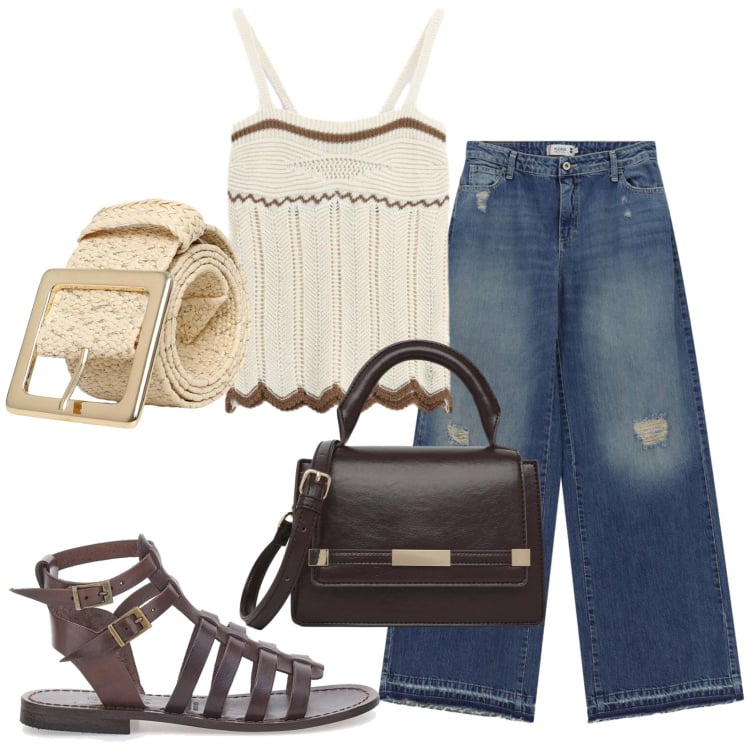 Outfit donna - Total look #2448989. Stile Casual per Tutti i giorni. Abbinamento con cinture, borse a spalla, jeans dritti, top, sandali alla schiava.