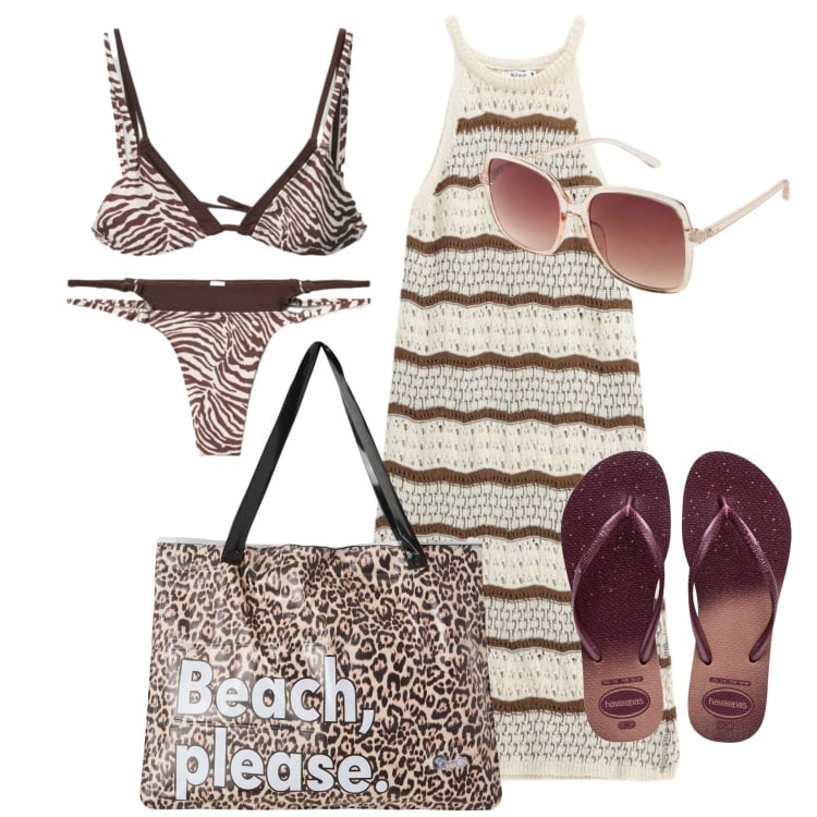 Outfit donna - Total look #2448991. Stile 70s per Mare. Abbinamento con occhiali da sole, bikini, borse tote, bikini, vestiti midi/longuette, infradito.