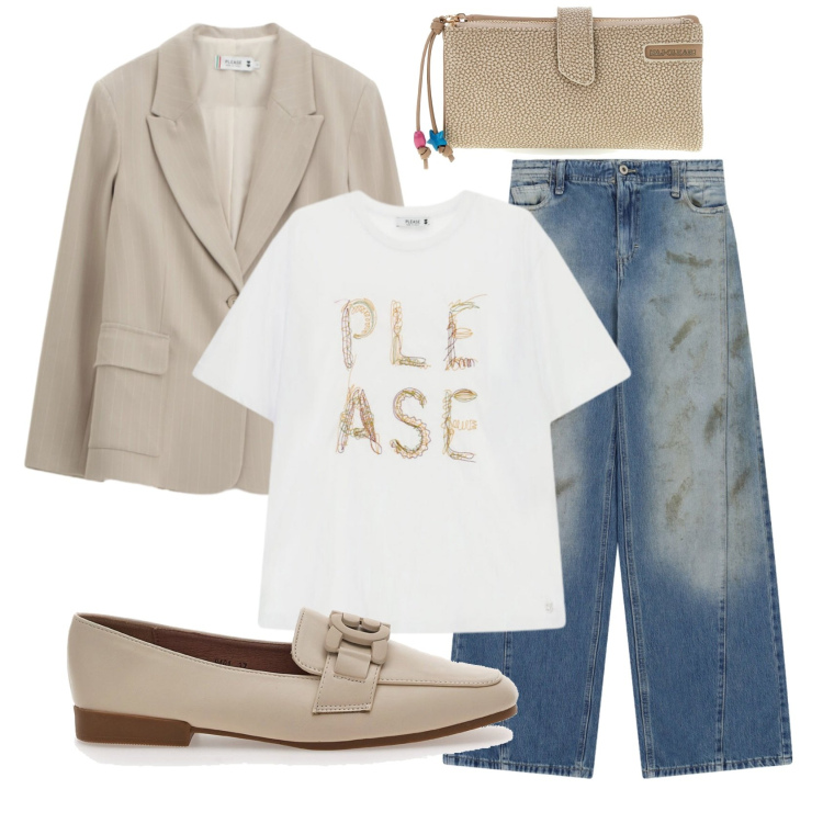 Outfit donna - Total look #2448993. Stile Mannish per Ufficio. Abbinamento con blazer, jeans, t-shirt, mocassini, portafogli.