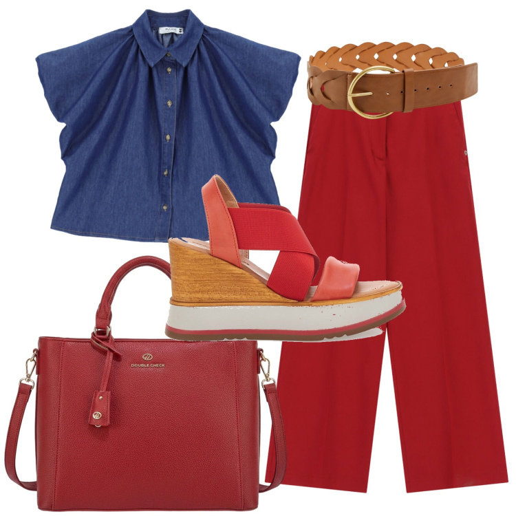 Outfit donna - Total look #2448994. Stile Bon Ton per Ufficio. Abbinamento con cinture, camicie a manica corta, pantaloni a palazzo, sandali col tacco, borse a tracolla.