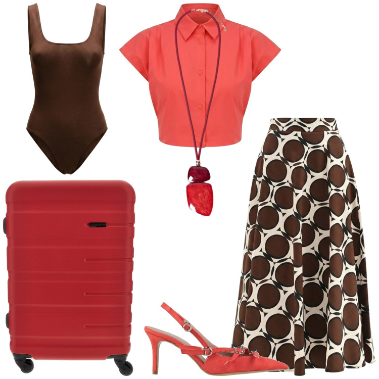 Outfit donna - Total look #2448995. Stile Bon Ton per Tutti i giorni. Abbinamento con décolleté, body, camicie a manica corta, gonne lunghe, ciondoli, valigie.
