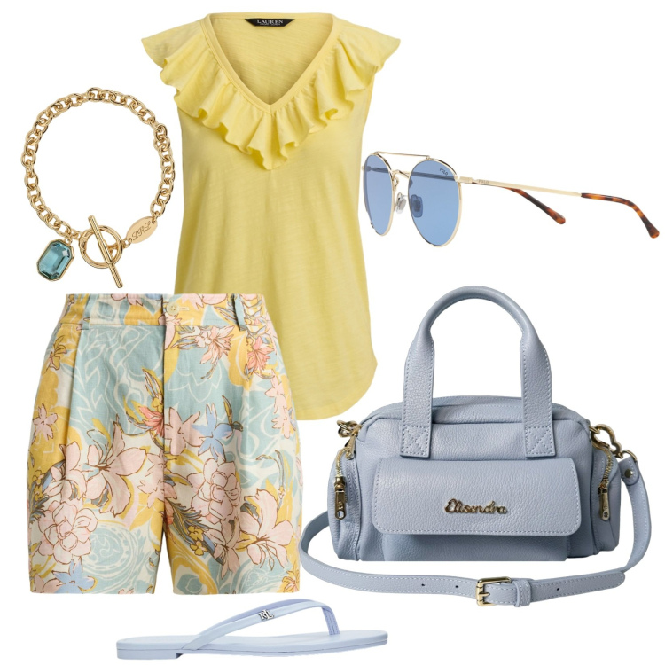 Outfit donna - Sognando le vacanze. Stile Etnico per Tutti i giorni. Abbinamento con ciabatte, top, occhiali da sole, braccialetti, minigonne, borse a mano.