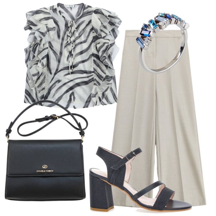 Outfit donna - Total look #2449000. Stile Casual chic per Ufficio. Abbinamento con anelli, bluse, pantaloni a palazzo, sandali col tacco, borse a tracolla.