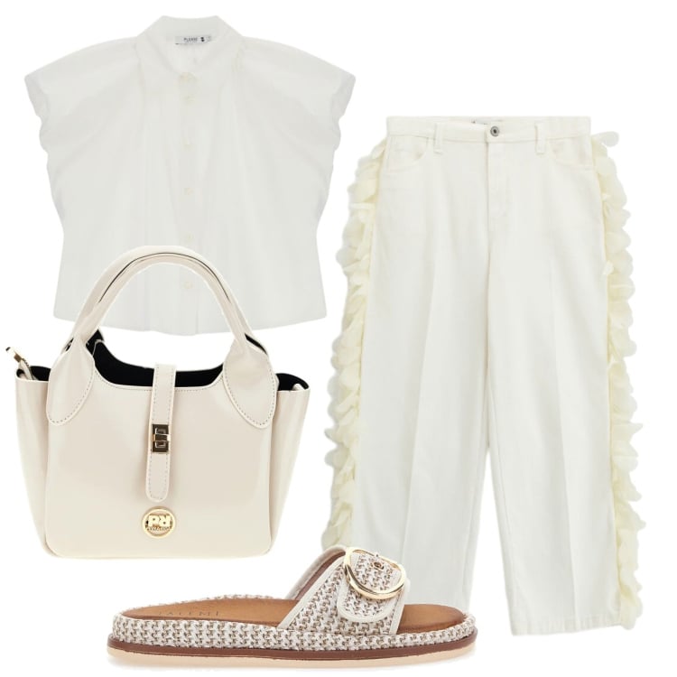 Outfit donna - Total look #2449003. Stile Minimal per Tutti i giorni. Abbinamento con pantaloni, camicie a manica corta, ciabatte, borse a mano.