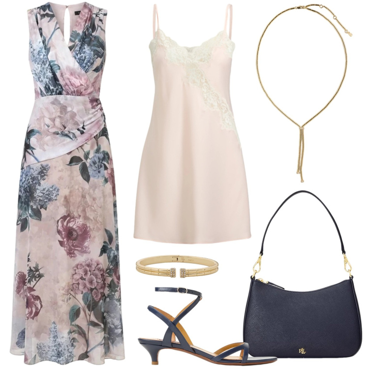 Outfit donna - Floreale in agosto. Stile Romantica per Cerimonia. Abbinamento con vestiti lunghi, borse a spalla, camicie da notte, sandali col tacco, collane, braccialetti.