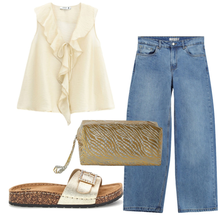 Outfit donna - Total look #2449005. Stile Casual per Tutti i giorni. Abbinamento con valigie, jeans, top, ciabatte.