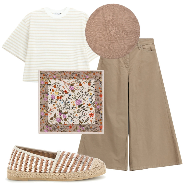 Outfit donna - Total look #2449007. Stile Trendy per Tutti i giorni. Abbinamento con foulard, t-shirt, pantaloni a palazzo, cappelli, espadrillas.