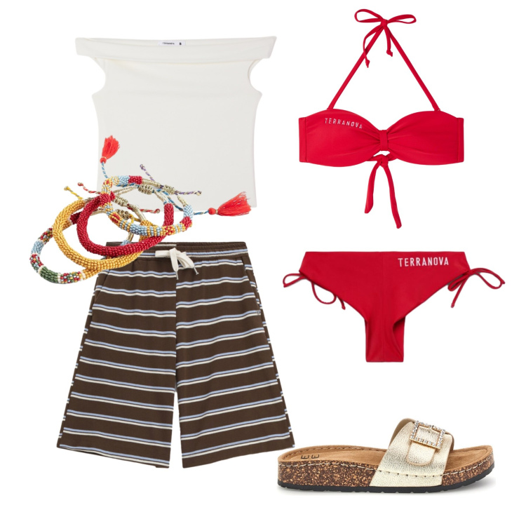 Outfit donna - Agosto. Stile Basic per Mare. Abbinamento con braccialetti, top, bikini, bikini, bermuda, ciabatte.