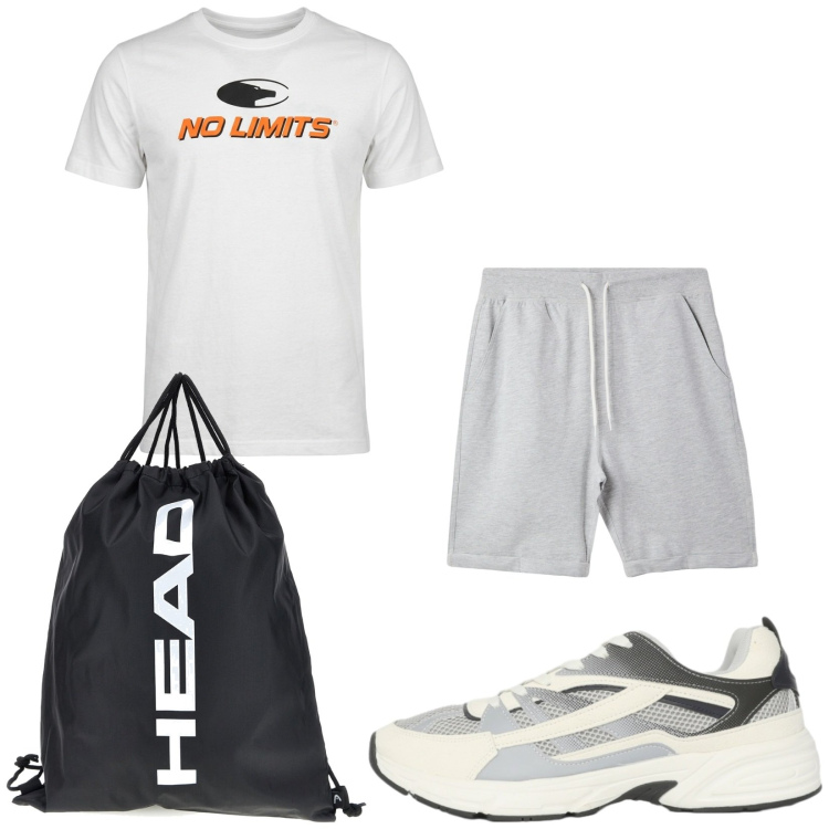 Outfit uomo - Total look #2449034. Stile Urban per Sport. Abbinamento con pantaloni corti, sneakers, borse sportive, t-shirt.