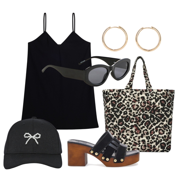 Outfit donna - Agosto. Stile Trendy per Mare. Abbinamento con orecchini, occhiali da sole, cappelli con visiera, shopping bag, vestiti corti, zoccoli.