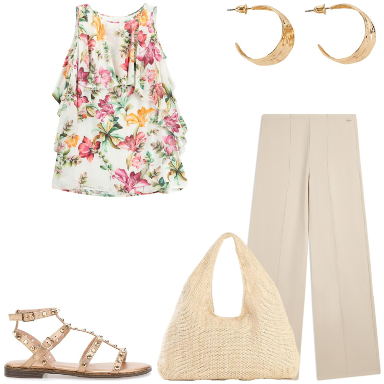 Outfit donna - Total look #2449036. Stile Casual chic per Tutti i giorni. Abbinamento con shopping bag, orecchini, vestiti corti, pantaloni, sandali.