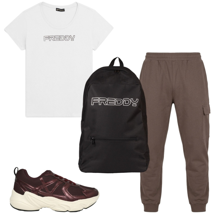 Outfit donna - Total look #2449037. Stile Sporty chic per Sport. Abbinamento con sneakers, t-shirt, zaini, pantaloni.