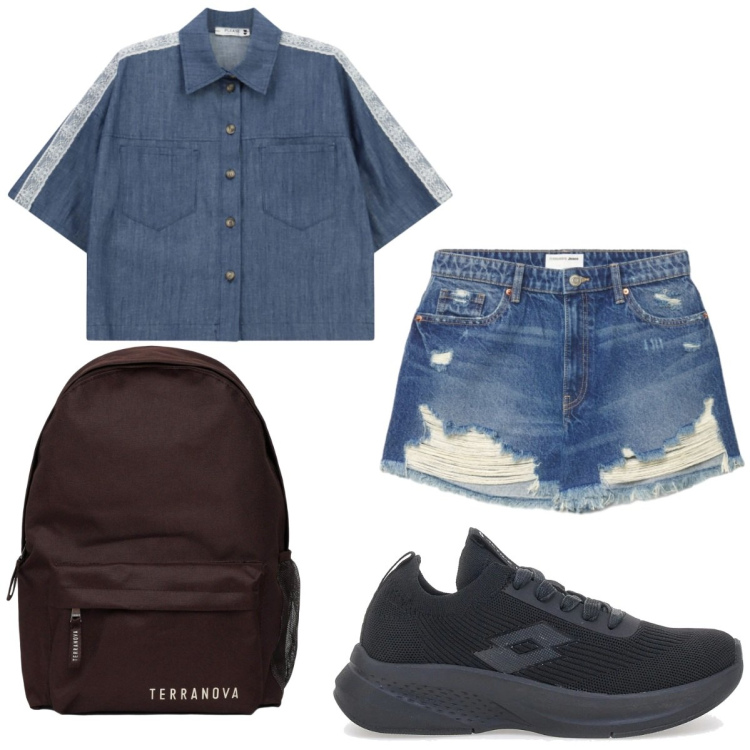 Outfit donna - Ferragosto. Stile Casual per Tutti i giorni. Abbinamento con zaini, shorts, camicie a manica corta, sneakers.