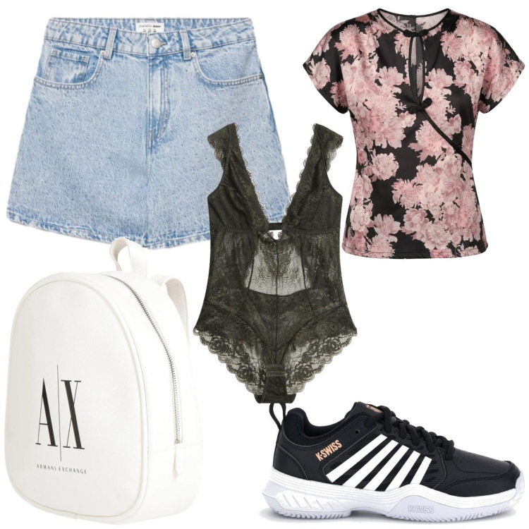 Outfit donna - Aperitivo vista mare. Stile Trendy per Serata fuori. Abbinamento con zaini, body, shorts, top, sneakers.