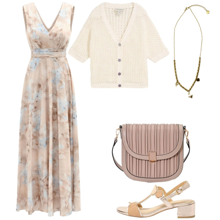 Outfit donna - In chiaro. Stile Casual chic per Serata fuori. Abbinamento con sandali col tacco, cardigans, vestiti lunghi, borse a tracolla, ciondoli.