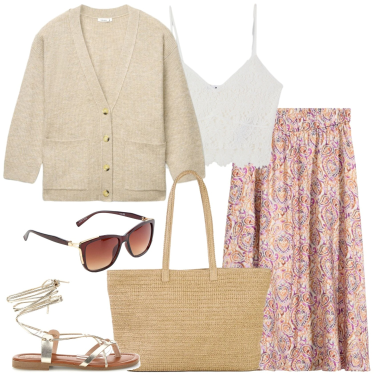 Outfit donna - All\' ultimo sole. Stile Casual per Serata fuori. Abbinamento con shopping bag, occhiali da sole, gonne longuette, cardigans, top, sandali alla schiava.