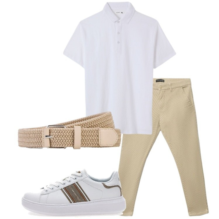 Outfit uomo - Cena in vacanza. Stile Casual per Serata speciale. Abbinamento con cinture, pantaloni chino, polo, sneakers.