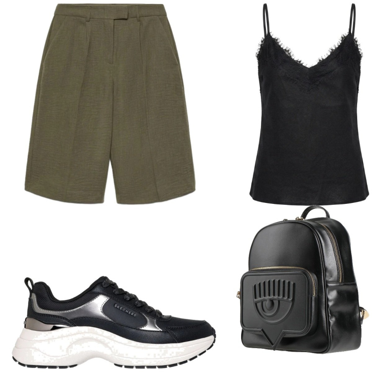 Outfit donna - Aperitivo vista mare. Stile Casual chic per Serata fuori. Abbinamento con zaini, bermuda, top, sneakers.