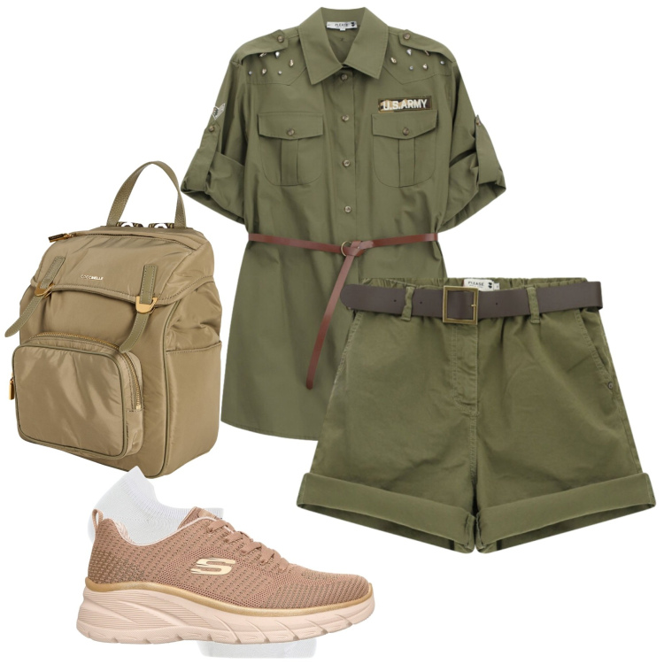 Outfit donna - Ferragosto in montagna. Stile Casual chic per Tutti i giorni. Abbinamento con zaini, shorts, camicie, calzini, sneakers.
