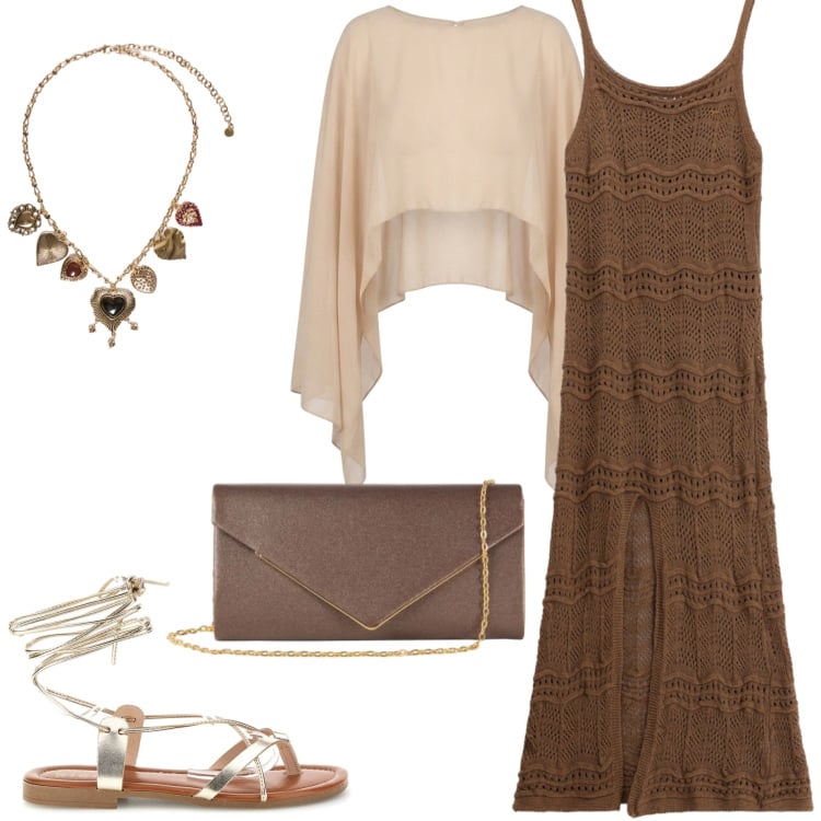 Outfit donna - Ferragosto al mare. Stile Casual chic per Serata fuori. Abbinamento con vestiti lunghi, clutch, blazer, collane, sandali alla schiava.