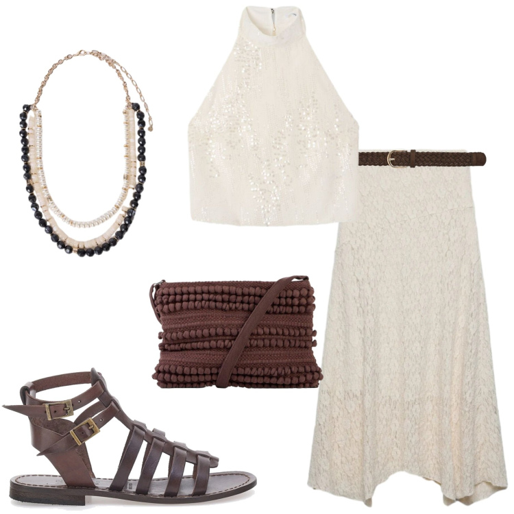 Outfit donna - Aperitivo vista mare. Stile Casual chic per Serata fuori. Abbinamento con borse a tracolla, gonne lunghe, top, cinture, collane, sandali alla schiava.