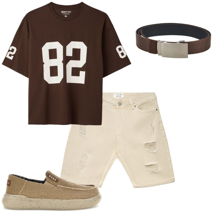 Outfit uomo - Caldo caldissimo. Stile Casual per Tutti i giorni. Abbinamento con bermuda, t-shirt, cinture, scarpe stringate.