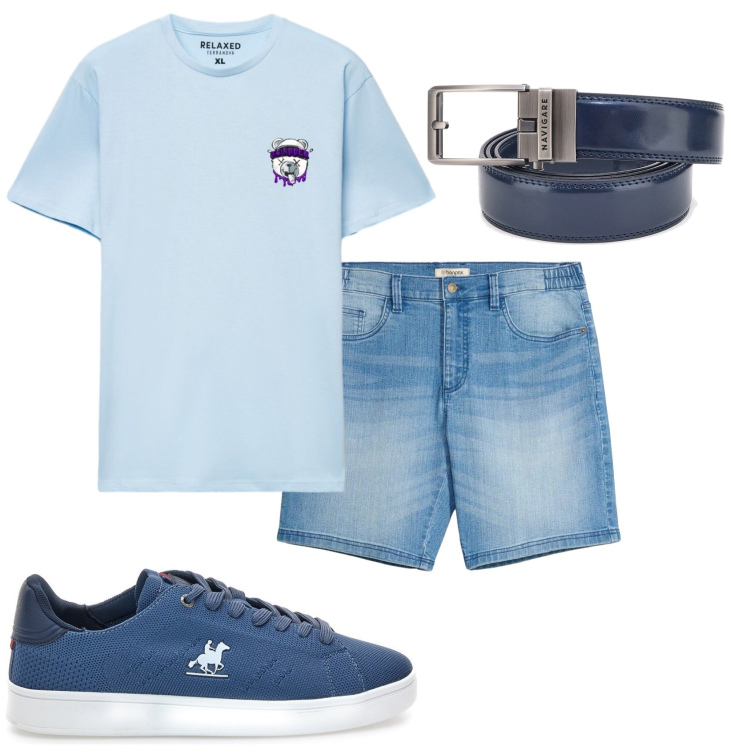 Outfit uomo - Jeans corto e maglietta. Stile Casual per Tutti i giorni. Abbinamento con shorts, t-shirt, sneakers, cinture.