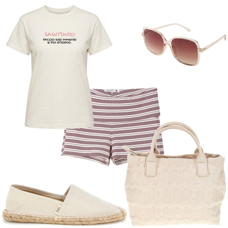 Outfit donna - Esco. Stile Casual chic per Tutti i giorni. Abbinamento con occhiali da sole, shorts, t-shirt, borse a mano, espadrillas.
