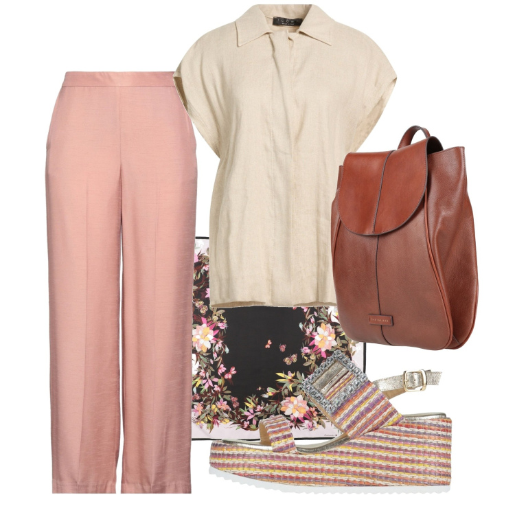 Outfit donna - Tonalità blush. Stile Bon Ton per Ufficio. Abbinamento con sandali in pelle, pantaloni, sciarpe, zaini, camicie a manica corta.